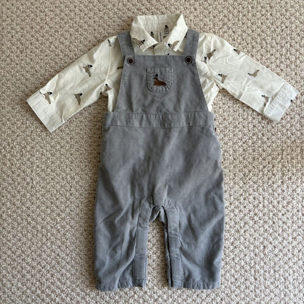 Janie and Jack Walrus Grey Corduroy Overalls and Bodysuit Set Baby 3-6 Months